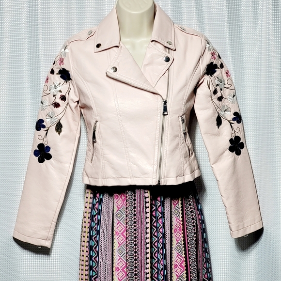 Me Jane Blush Pink Faux Leather Aviator Jacket Floral Embroidered (M/10 Girls) - Picture 1 of 14